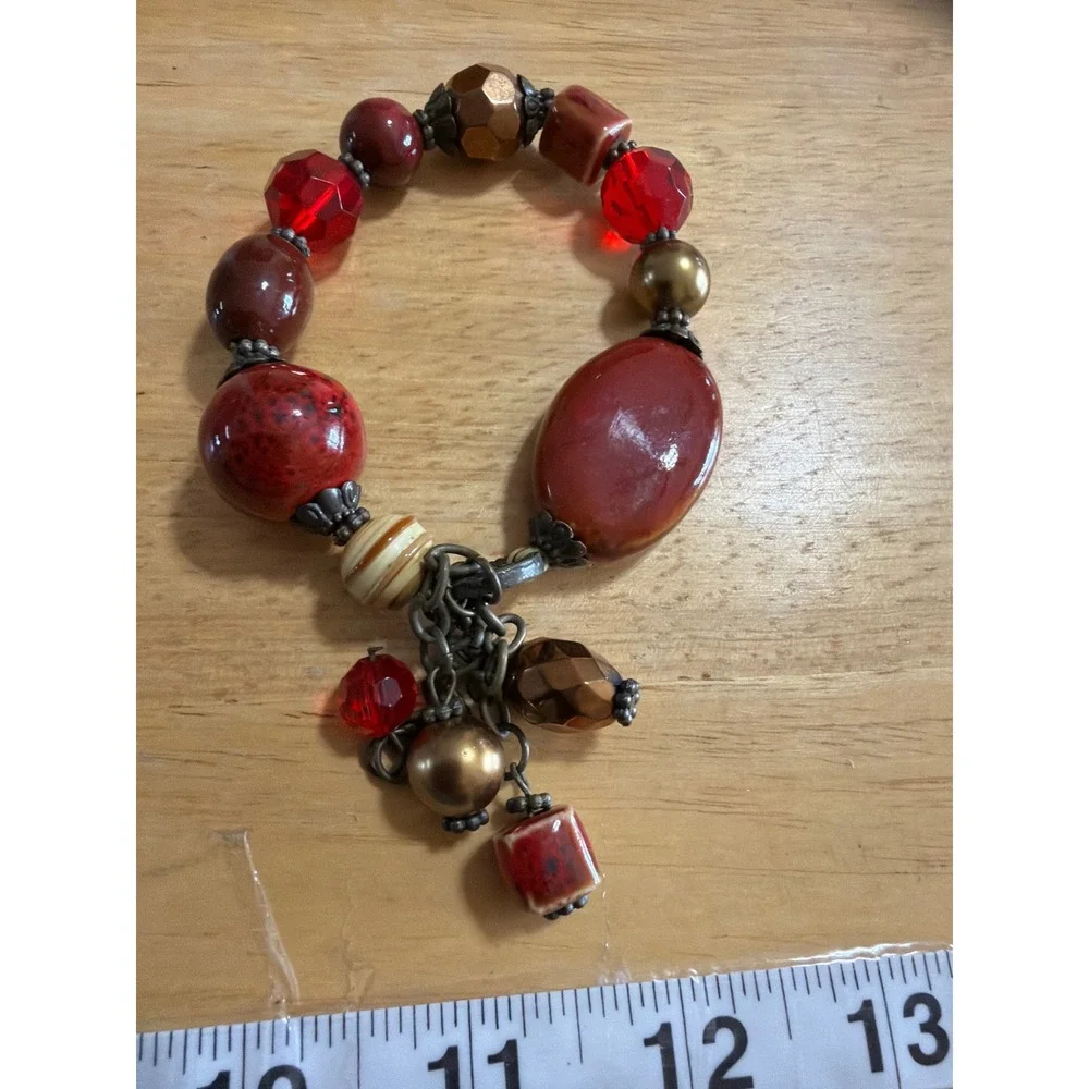 Chunky Red Terracotta Bronze Beaded Stretch Charm Bracelet Earthy Boho Statement